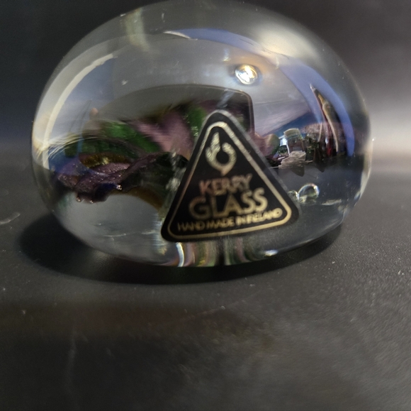Kelly Glass Paperweight Sphere with Green and Purple "Flower" - Picture 3 of 6